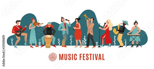 Music festival. International concert, musical event banner. Musicians with instruments, open air party poster. Vector festive background. Illustration event acoustic performance