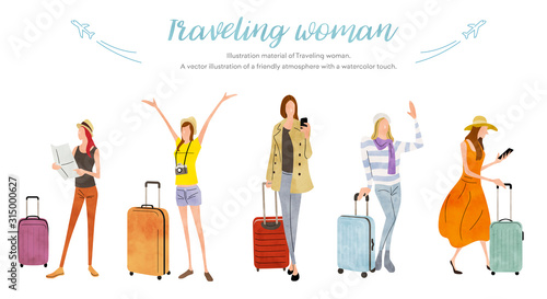 Illustration material: woman, travel, vacation, set