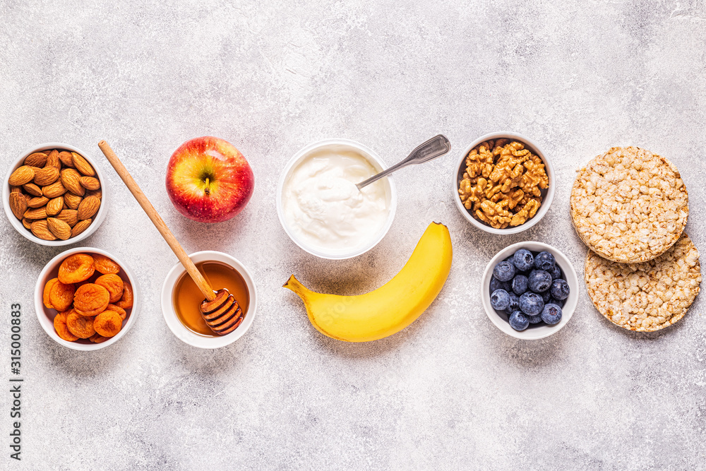 Healthy snack concept, top view. Healthy snack concept, top view.