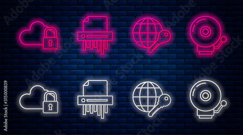 Set line Paper shredder confidential, Globe key , Cloud computing lock and Ringing alarm bell . Glowing neon icon on brick wall. Vector