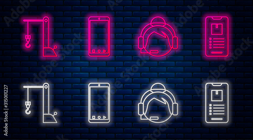 Set line Mobile phone with app delivery tracking, Support operator in touch, Harbor port crane and Mobile phone with app delivery tracking . Glowing neon icon on brick wall. Vector