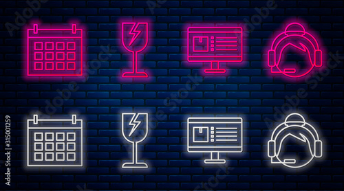 Set line Fragile broken glass symbol, Computer monitor with app delivery tracking , Calendar and Support operator in touch. Glowing neon icon on brick wall. Vector