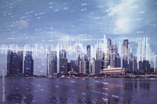 Forex chart on cityscape with tall buildings background multi exposure. Financial research concept. © peshkova