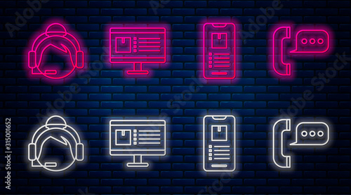 Set line Computer monitor with app delivery tracking, Mobile phone with app delivery tracking , Support operator in touch and Telephone with speech bubble chat. Glowing neon icon on brick wall. Vector