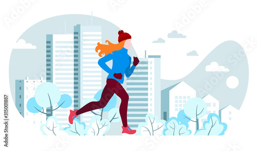 Winter running. The girl runs on a winter evening in the city Park, trees. bushes in the snow. On the background of the house with Windows. Banner, poster, card, healthy lifestyle. Vector Illustrtion.
