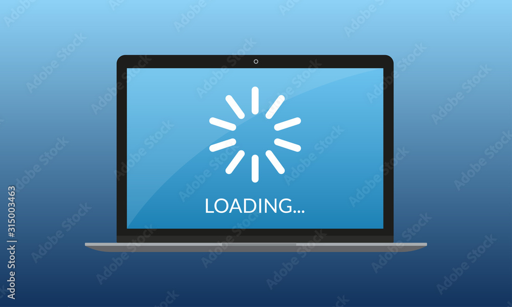 Laptop with Loading on the screen. Update computer system. Vector illustration. Laptop with Loading on the screen. Update computer system. Vector illustration.