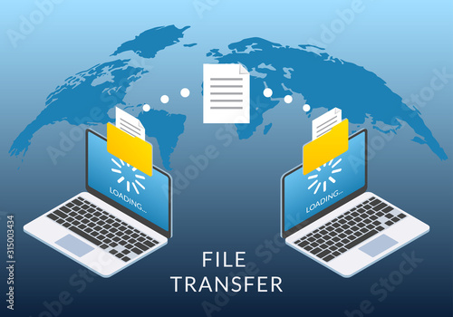 File transfer concept. Two Laptop computers with folders send and upload documents. File copy, data or information exchange design.