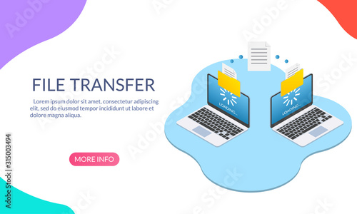File transfer concept. Two Laptop computers with folders send and upload documents. File copy, data or information exchange design.