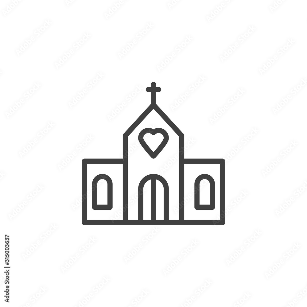 Wedding church line icon. linear style sign for mobile concept and web design. Church with heart outline vector icon. Symbol, logo illustration. Vector graphics