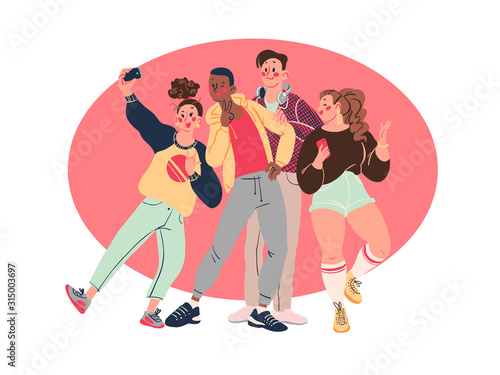 Group of young stylish modern teenagers people with smartphones and making selfie together isolated on white background. Vector flat illustration.