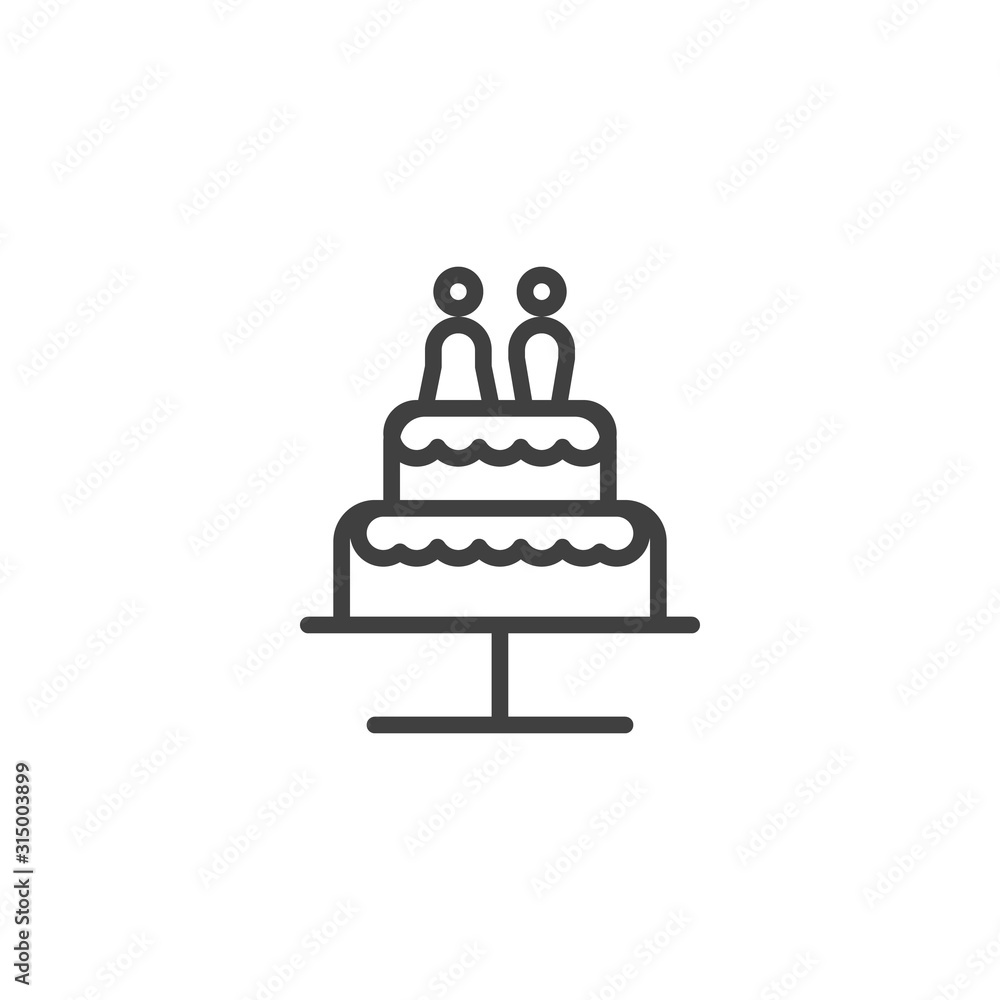 Wedding cake with chocolate bride and groom line icon. linear style sign for mobile concept and web design. Wedding cake with couple married outline vector icon. Symbol, logo illustration. Wedding cake with chocolate bride and groom line icon. linear style sign for mobile concept and web design. Wedding cake with couple married outline vector icon. Symbol, logo illustration.