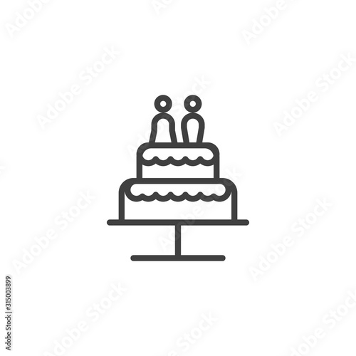 Wedding cake with chocolate bride and groom line icon. linear style sign for mobile concept and web design. Wedding cake with couple married outline vector icon. Symbol, logo illustration.