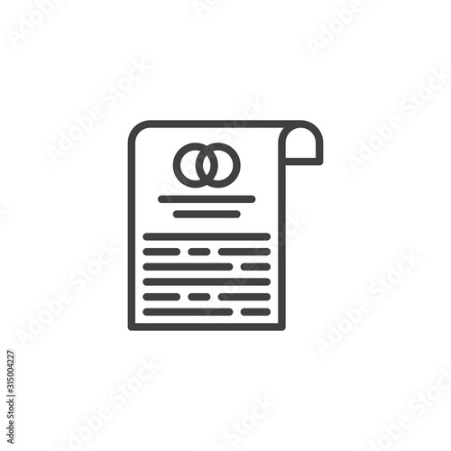 Marriage contract line icon. linear style sign for mobile concept and web design. Wedding contract document outline vector icon. Symbol, logo illustration. Vector graphics