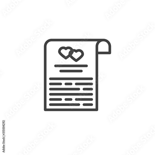 Wedding contract certificate line icon. linear style sign for mobile concept and web design. Marriage contract document outline vector icon. Symbol, logo illustration. Vector graphics