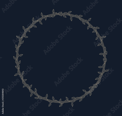 Vector circle frame overgrown with plant with thorns and leaves. Dark background