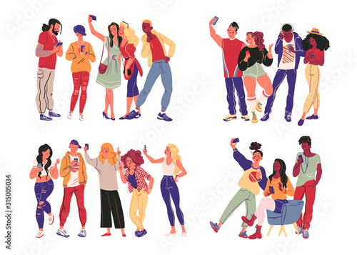 Portrait of group of young teens in stylish clothes with smartphones taking photo, making selfie, texting and surfing in internet isolated on white background. Vector flat illustration.