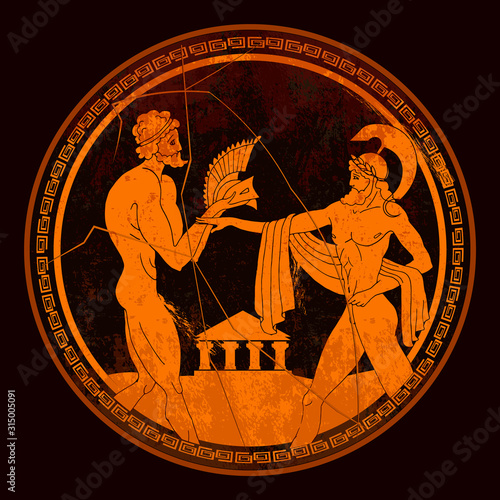 Greek vase painting. Meander circle style. Red figure techniques. Ancient Greece. Mythology and legends
