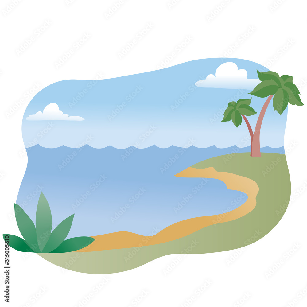 background of the sea and palm trees, beach, serenity, relaxation, tranquility, vector illustration