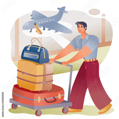 man at the airport pushes a big trolley with suitcases in front of him and hurries to land the plane, which can be seen behind him