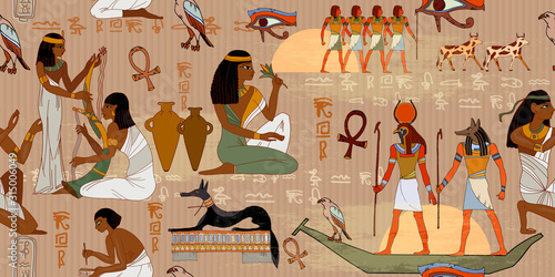 Ancient Egypt frescoes. Horizontal seamless pattern. Life of egyptians. Agriculture, workmanship, farm. History art. Hieroglyphic carvings on exterior walls of an old temple