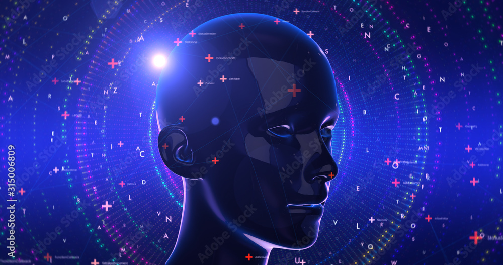 Artificial Intelligence Related 3D Illustration Render. Computer Technology With Flying Codes. Technology Related Abstract Concept Artificial Intelligence Related 3D Illustration Render. Computer Technology With Flying Codes. Technology Related Abstract Concept