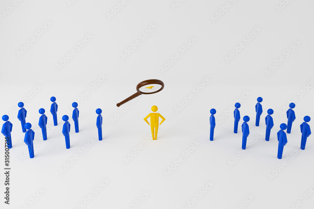Looking At Colorful Pawns With Magnifying Glass On The Reflective Desk. Selection and search for a top employee or client. 3D rendering Looking At Colorful Pawns With Magnifying Glass On The Reflective Desk. Selection and search for a top employee or client. 3D rendering