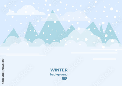 winter snow landscape banner background with mountains and clouds. Illustration for poster, cover or advertising