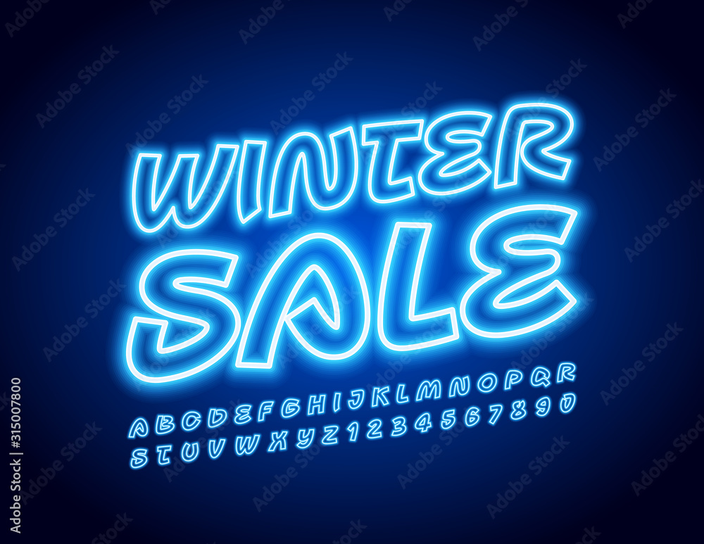 Vector bright Banner Winter Sale.  Illuminated blue Font. Glowing Alphabet Letters and Numbers.