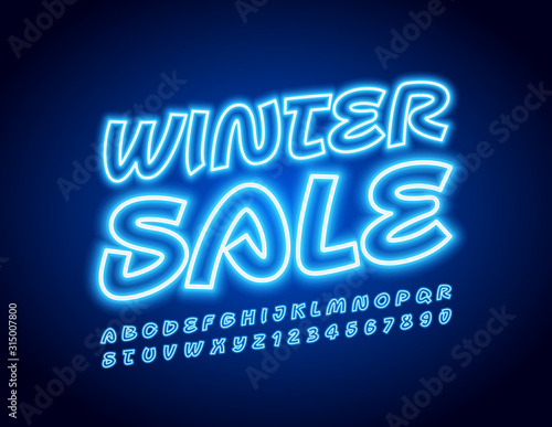 Vector bright Banner Winter Sale. Illuminated blue Font. Glowing Alphabet Letters and Numbers.