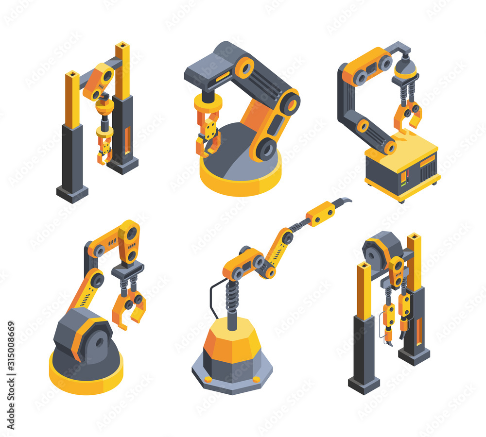 Fototapeta premium Heavy industry robots colorful isometric vector illustrations set
