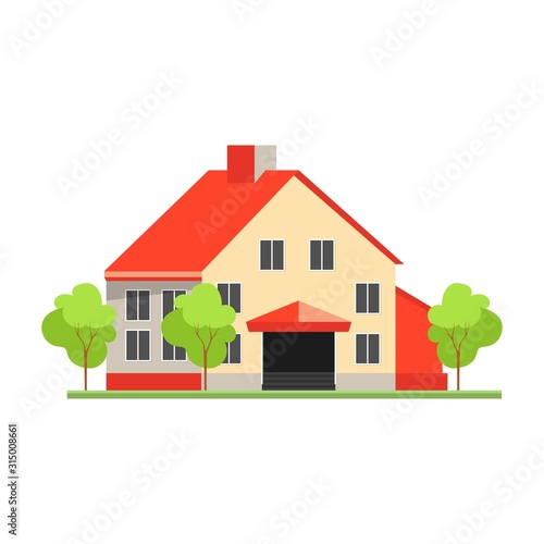 Icon residential bright home with chimney and canopy. Construction, cottage. Architecture concept. Vector illustration can be used in real estate, facade, residence, neighborhood.