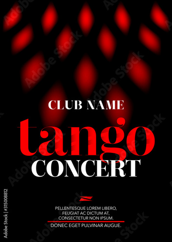 Vertical tango concert template with black background, color graphic elements and text. 