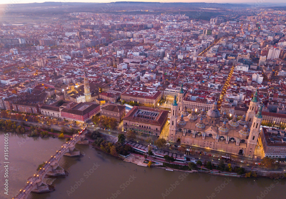 City Zaragoza on dawn. Aerial view. Spain