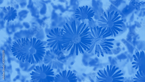 Abstract gradient classic blue background with pattern of flowers daisy, 16:9 panoramic format