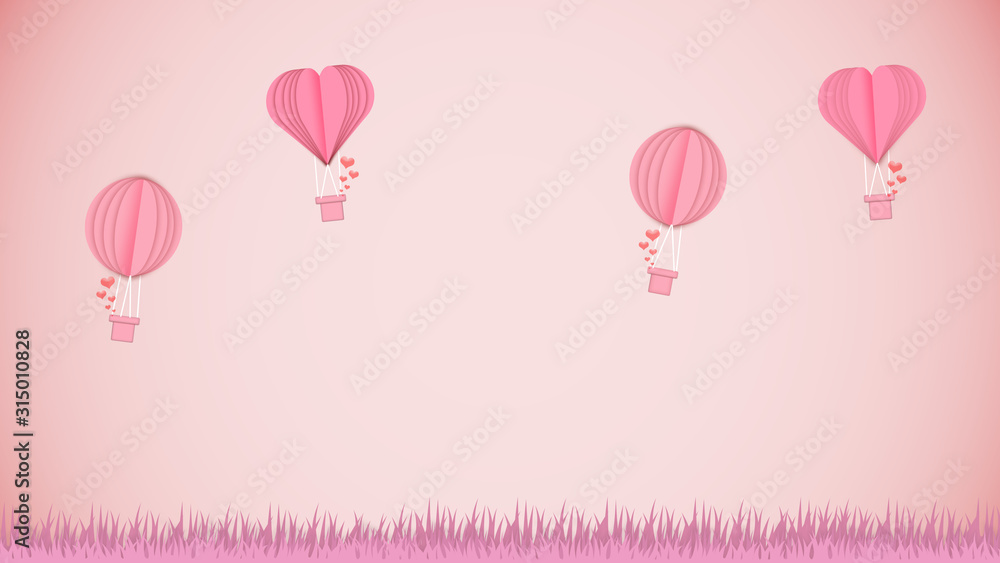 Card for Saint Valentine's Day. Air balloons shaped heart in top of fields. Copyspace. Modern artwork, bright wallpaper. Flyer for your device, design or advertisement. Romantic, love concept.
