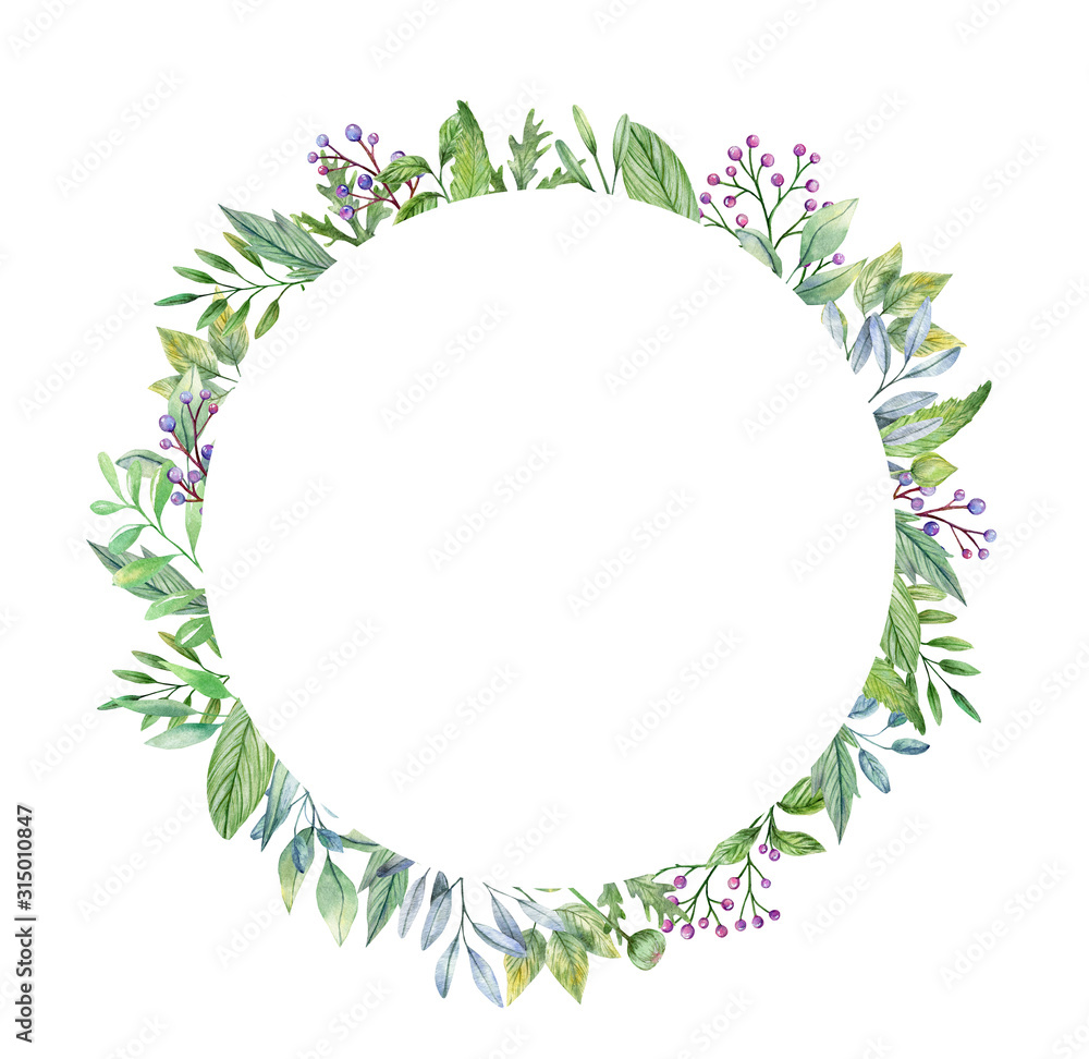 Watercolor botanical wreath with leaves and berries. Hand drawn illustration, isolated on white background Watercolor botanical wreath with leaves and berries. Hand drawn illustration, isolated on white background