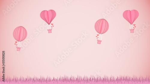 Card for Saint Valentine's Day. Air balloons shaped heart in top of fields. Copyspace. Modern artwork, bright wallpaper. Flyer for your device, design or advertisement. Romantic, love concept. © master1305