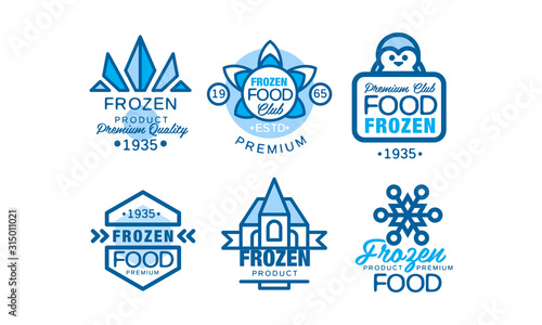 Frozen Food Club Labels Collection, Premium Product Blue Badges Vector Illustration