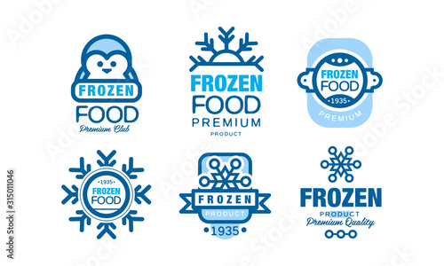 Frozen Food Premium Club Labels Collection, Quality Product Blue Badges Vector Illustration