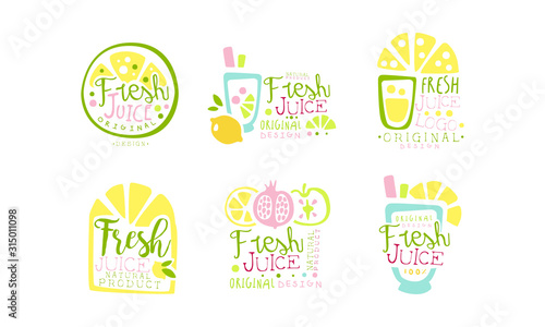 Fresh Juice Original Design Labels Collection, Natural Product Colorful Hand Drawn Badges Vector Illustration