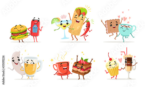 Forever Friends Collection, Cute Funny Food and Drink Cartoon Characters are Best Friends Vector Illustration
