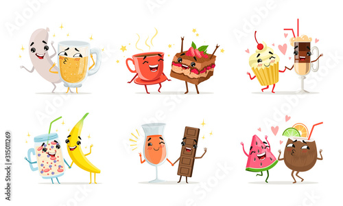 Forever Friends Collection, Cute Funny Food and Drink Cartoon Characters, Smiling Best Friends Vector Illustration