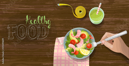 Vegetable and shrimp fresh salad bowl smoothie top view. Fitness ration diet measuring tape. Tomato, avocado, lettuce on wooden table background. Lettering healthy food vector illustration