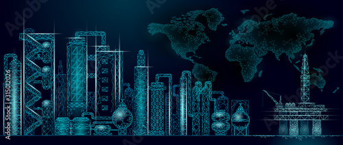 Petroleum oil refinery complex low poly World map. Finance economy polygonal petrochemical production plant. Petroleum fuel industry will pipeline. Ecology solution blue vector illustration