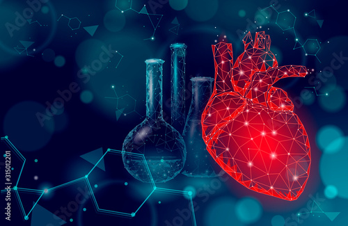 Heart science glass 3d medicine low poly concept. Triangle red pharmacy drugstore background. Modern drug treatment recovery meds vector illustration