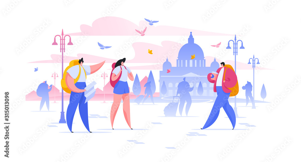 Sightseeing holiday flat vector illustration man and woman with baggage in European city cartoon characters