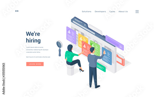Human resources specialists browsing resumes isometric vector illustration.