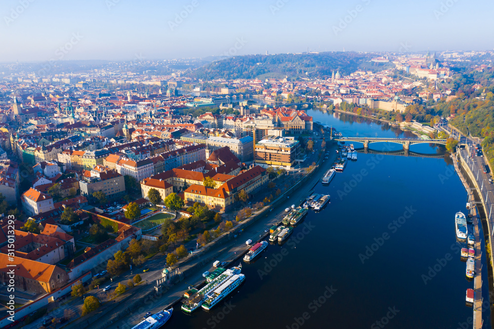 Aerial view of the Vltava river and the capital Prague