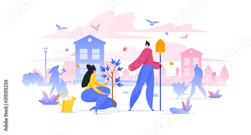 Volunteers planting trees in city flat vector illustration environment protection
