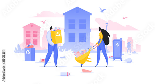 Volunteers collecting trash in city downtown flat vector illustration